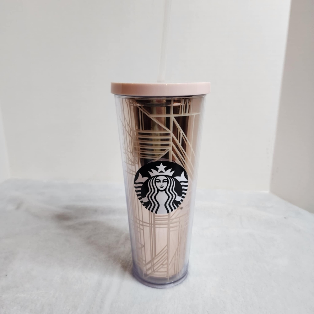 Starbucks 2017 Venti Cold Cup Tumbler Rose Gold Geometric 24 oz With Lid & Straw